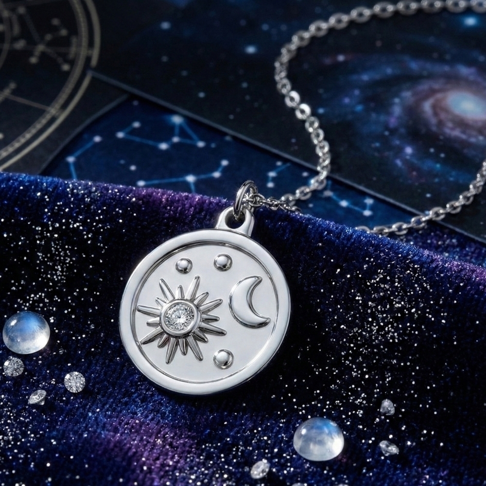 Celestial Sun Moon Coin Pendant Necklace White Gold Plated CZ Silver Gift